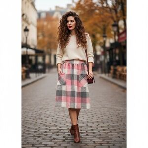 Vintage Pink & Gray Plaid Midi Skirt | High Waisted with Pockets | Size 14